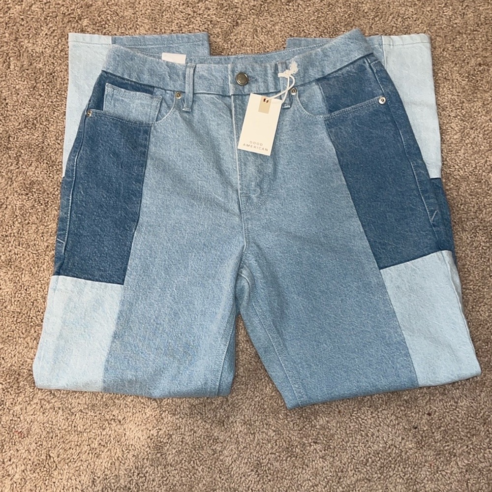 Good American Two-Tone Blue Straight Leg Jeans